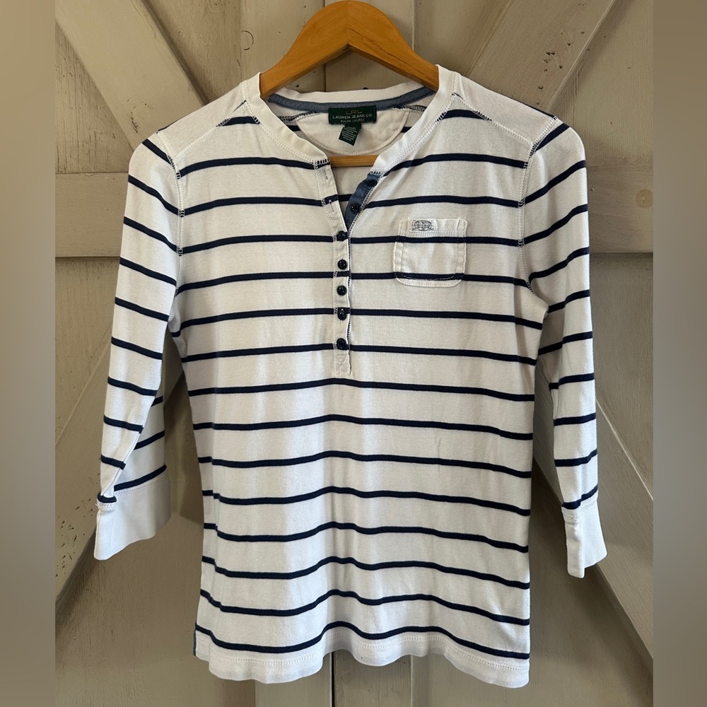 Lauren Jeans Co. by Ralph Lauren Striped 3/4 Sleeve Henley Top Women’s Medium